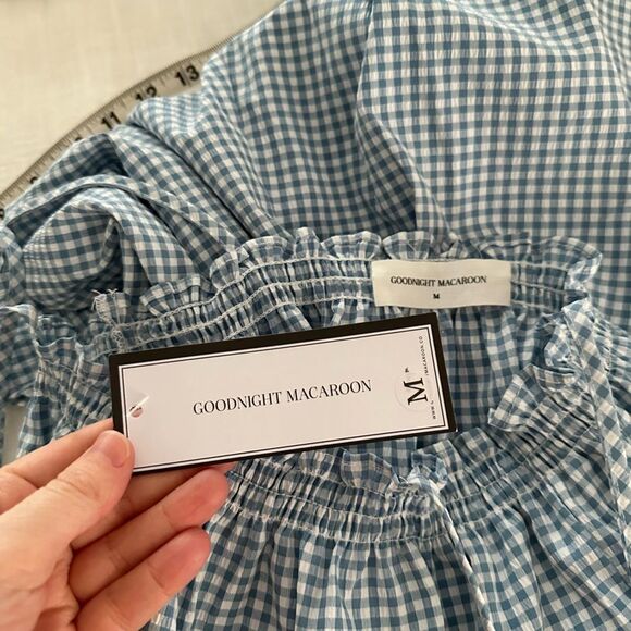 Goodnight Macaroon Gingham Tie Strap Ruffled Romper Blue White - Picture 4 of 7